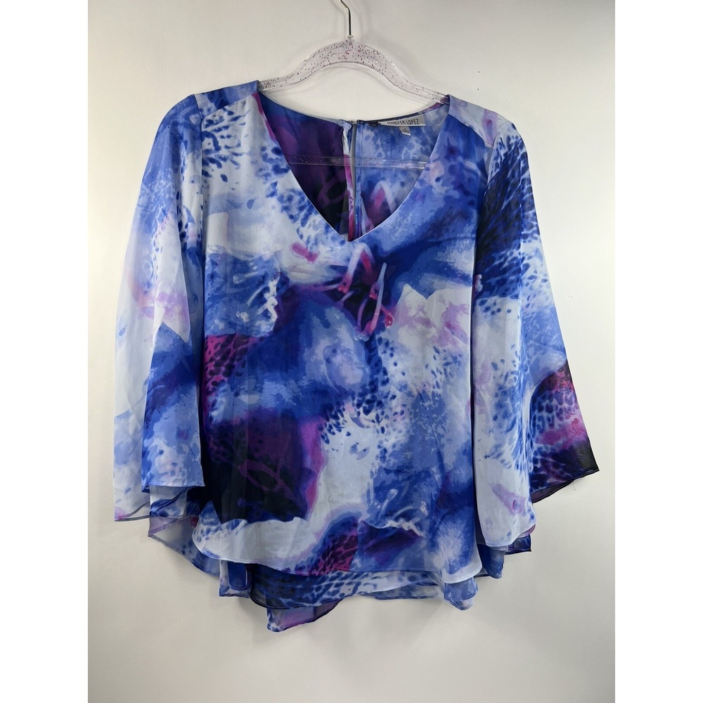 Jennifer Lopez Blouse‎ Women's Sz S Multi V-Neck 3/4 Bell Sleeve Hi Low Keyhole